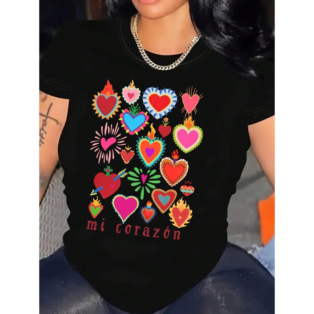 Ladies' Casual Short Sleeved Round Neck T-Shirt, Vividly Printed With Our Ladies' Guadalupe And Spanish Sacred Heart Patterns, Lightweight, Black, With Colorful Heart And Flame Design, Perfect For Spring And Summer, Ladies' T-Shirt