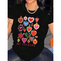 Ladies' Casual Short Sleeved Round Neck T-Shirt, Vividly Printed With Our Ladies' Guadalupe And Spanish Sacred Heart Patterns, Lightweight, Black, With Colorful Heart And Flame Design, Perfect For Spring And Summer, Ladies' T-Shirt