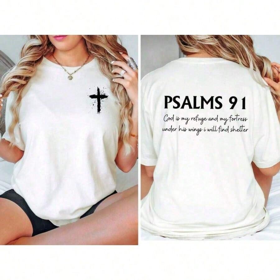 Psalm 91 Shirt, Bible Verse-Shirt, Christian Shirt, Women's Religious Shirt, Faith Shirt, Christian, Jesus Shirt, Her,Letter Print, Comfortable Cotton Material, Skin Friendly, Soft And Cool, Summer Women's-Shirt