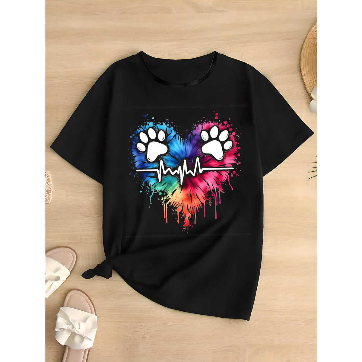 Geometric Paw & Heart Print, Regular Fit, Women's Plus Size T-Shirt, Casual Crew Neck, Short Sleeve,  Machine Washable, Spring/Summer Fashion, Stretch Knit Fabric