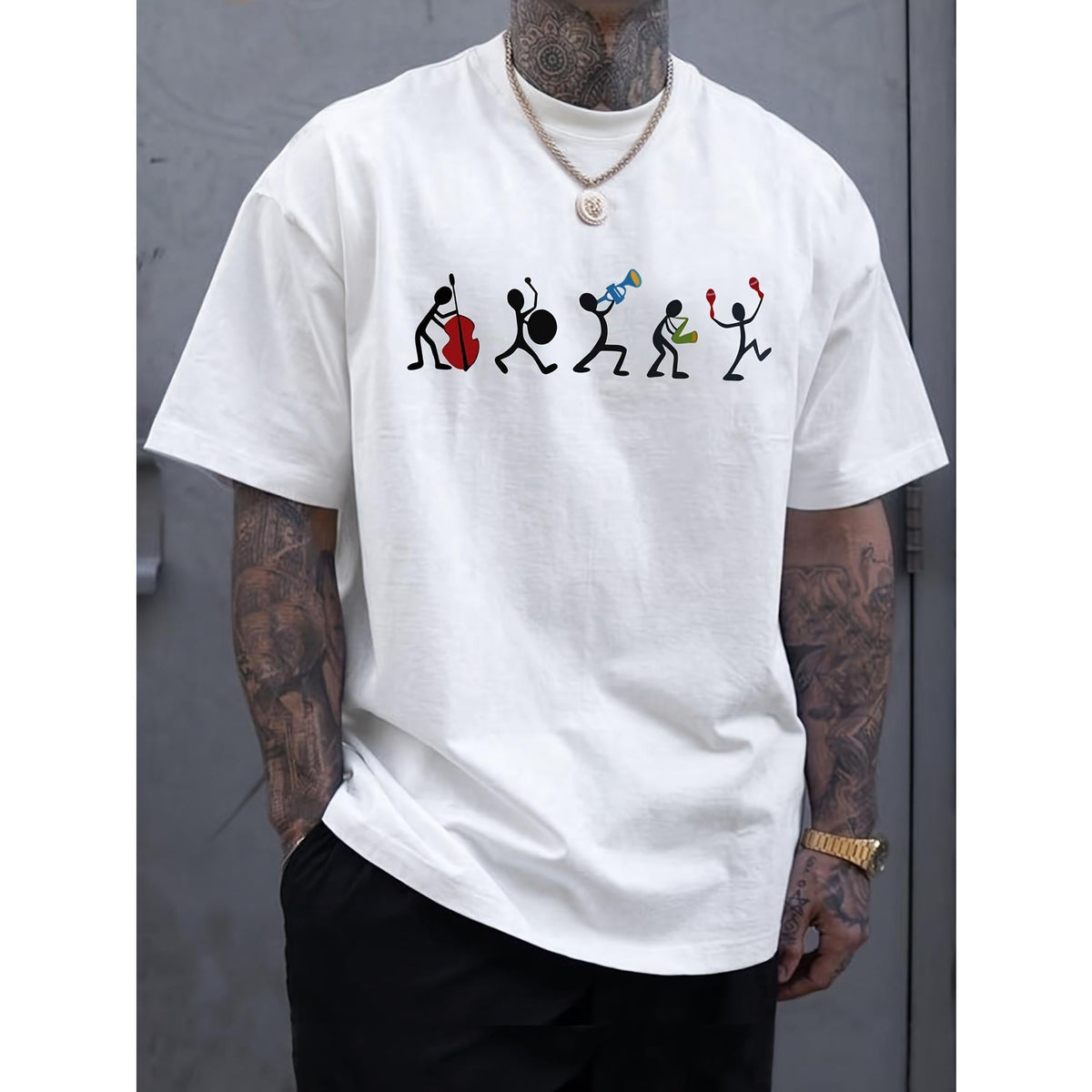 Men's Casual Tops, Retro Music Player Graphic Print Shortsleeve Round Neck T-Shirt for Daily Wear & Travel, Natural, Cotton, Sports, Multi-Size, Crew Neck, Elegant, Custom Prints, Non-Irritating, Stripes/Plaids, 2Xl, 3Xl
