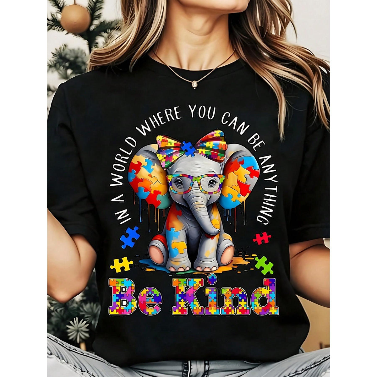 Elephant Autism Awareness Puzzle Pieces Be Kind In A World Where You Can Be Anything Women's T-Shirt,Perfect For Daily Wear, Outdoor Activities, Travel And Casual Style