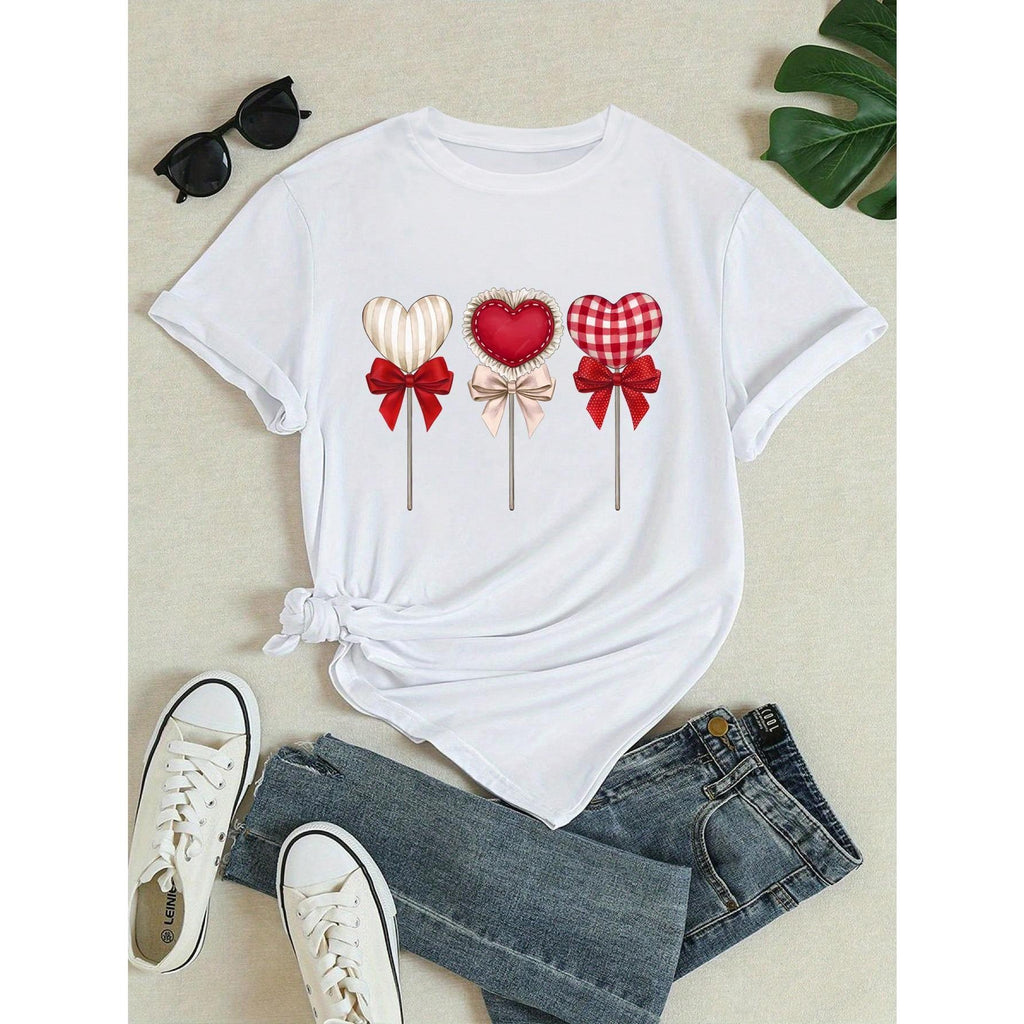 Women Casual T-Shirt, Comic Heart Pattern For Valentine's Day