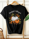 Fall Thankful and Blessed Graphic T‑Shirt, Pumpkin Maple Leaf Short Sleeve Crewneck Tee for Women Thanksgiving