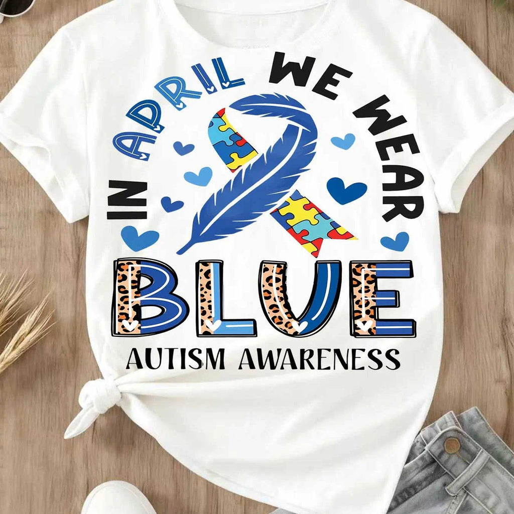 In April We Wear Blue Autism Awareness T-Shirt | Puzzle Piece & Ribbon Print | Women's Casual Tee