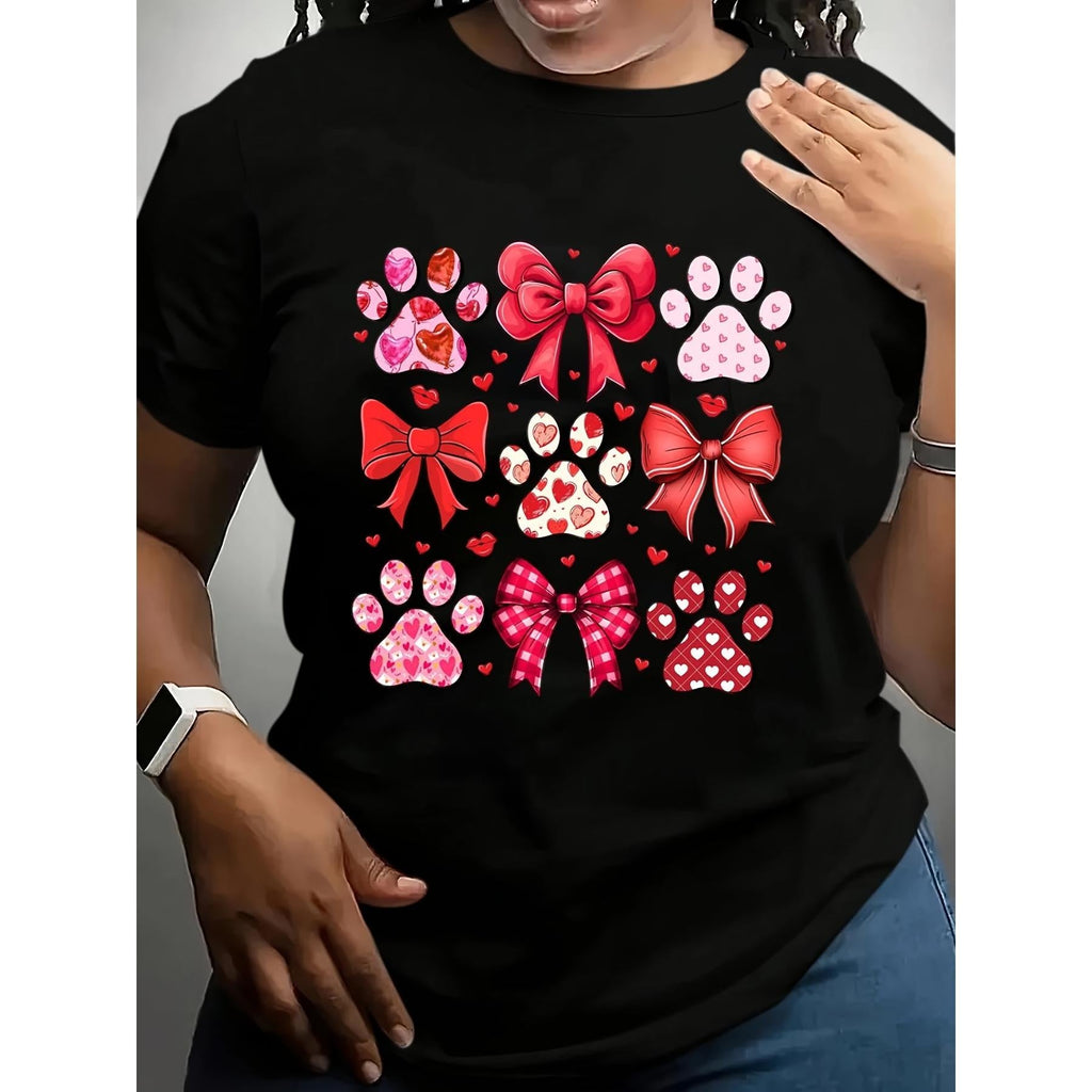 Plus Size Valentines Day Short Sleeve Crew Neck T Shirt with Paw Prints And Red Bows Design for Dog Lovers And Pet Enthusiasts Perfect for Celebrating Love And Friendship On Valentine's Day Wear It to Show Your Affection for Pets And Romantic