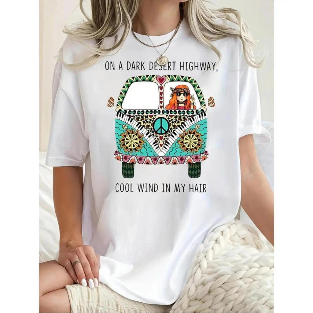 Vibrant Bohemian Hippie Bus Graphic Tee | Desert Scene Women's T-Shirt | Summer Vacation Top