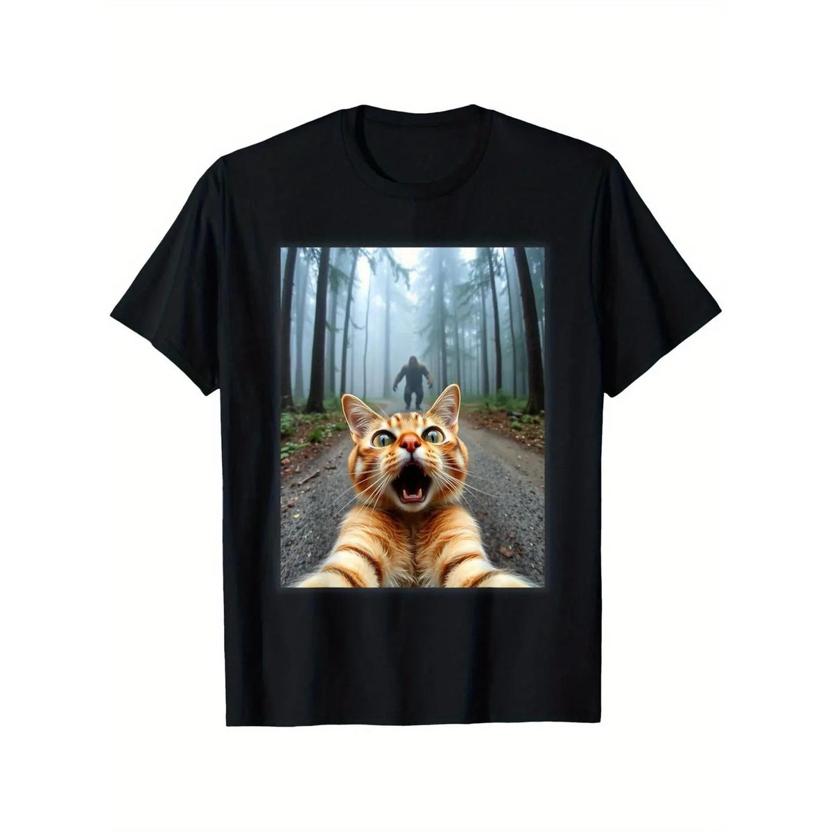 Men's 100% Cotton Short-Sleeve Round Neck Casual T-Shirt - 1pc Funny Cat Selfie & Sasquatch Graphic Streetwear Tops, Shortsleeve