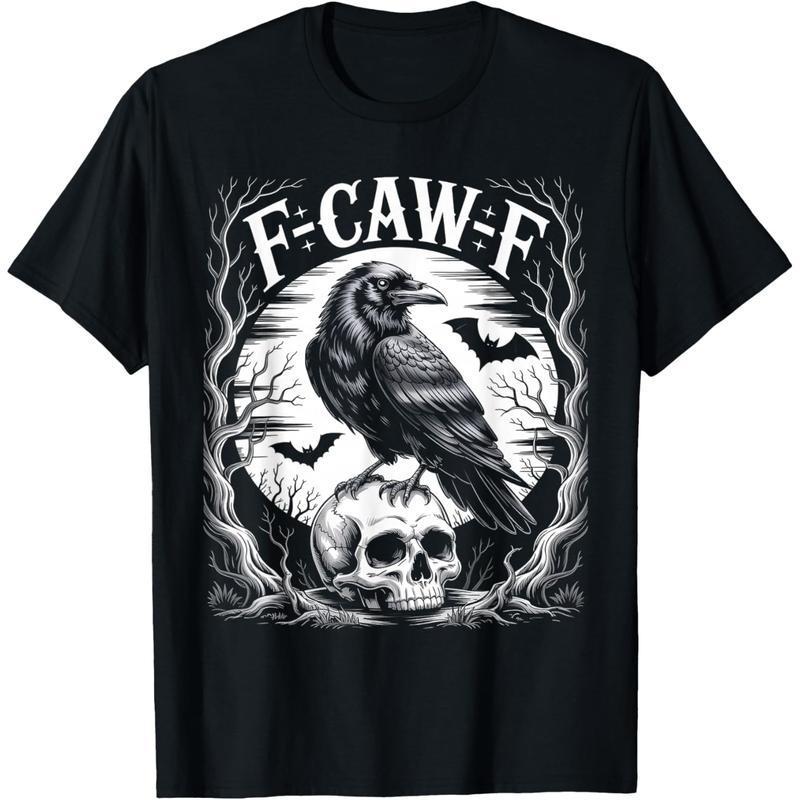 Black Crow F-Caw-F Funny Black Bird Moon Gothic Adult Humor Unisex T-Shirt Menswear Top Polyester Streetwear Crewneck Casual Printed in U.S.A.