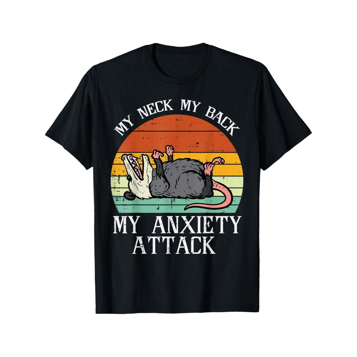 Women's Cotton Casual Short-Sleeve T-Shirt, Opossum Themed "My Neck My Back Anxiety Attack Possum Song" Print, Soft Fabric Hem Detail, Round Neck, Set, Lightweight
