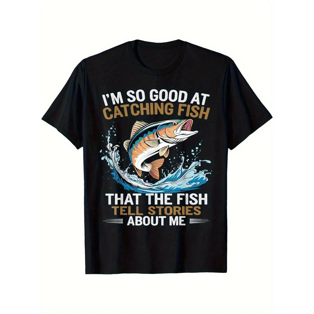 Men's Funny Fishing T-Shirt I Fish So Well The Fish All Tell Stories with Jumping Fish Graphic Lightweight Breathable 100% Cotton All-Season Casual Outdoor Fishing Apparel  Machine Washable Ideal Gift  double print  Tshirt Round Neck Menswear