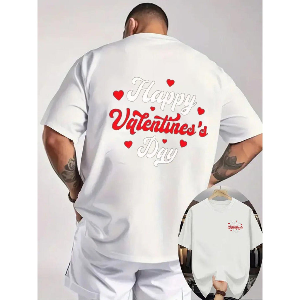 Men'S Happy Valentine'S Day T-Shirt, Featuring a Black Crew Neck Made of, Adorned with Red Hearts And White Lettering. This Casual Tee Is Tattoo-Friendly And Makes an Ideal Gift for Couples, Suitable for Parties And Dates