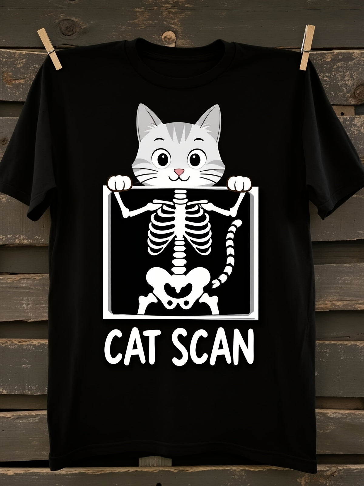 Unisex Cat Scan Pun T-Shirt, Cute Cat X-Ray Skeleton Graphic Short Sleeve Tee, Lightweight Casual Halloween Top for Cat Lovers