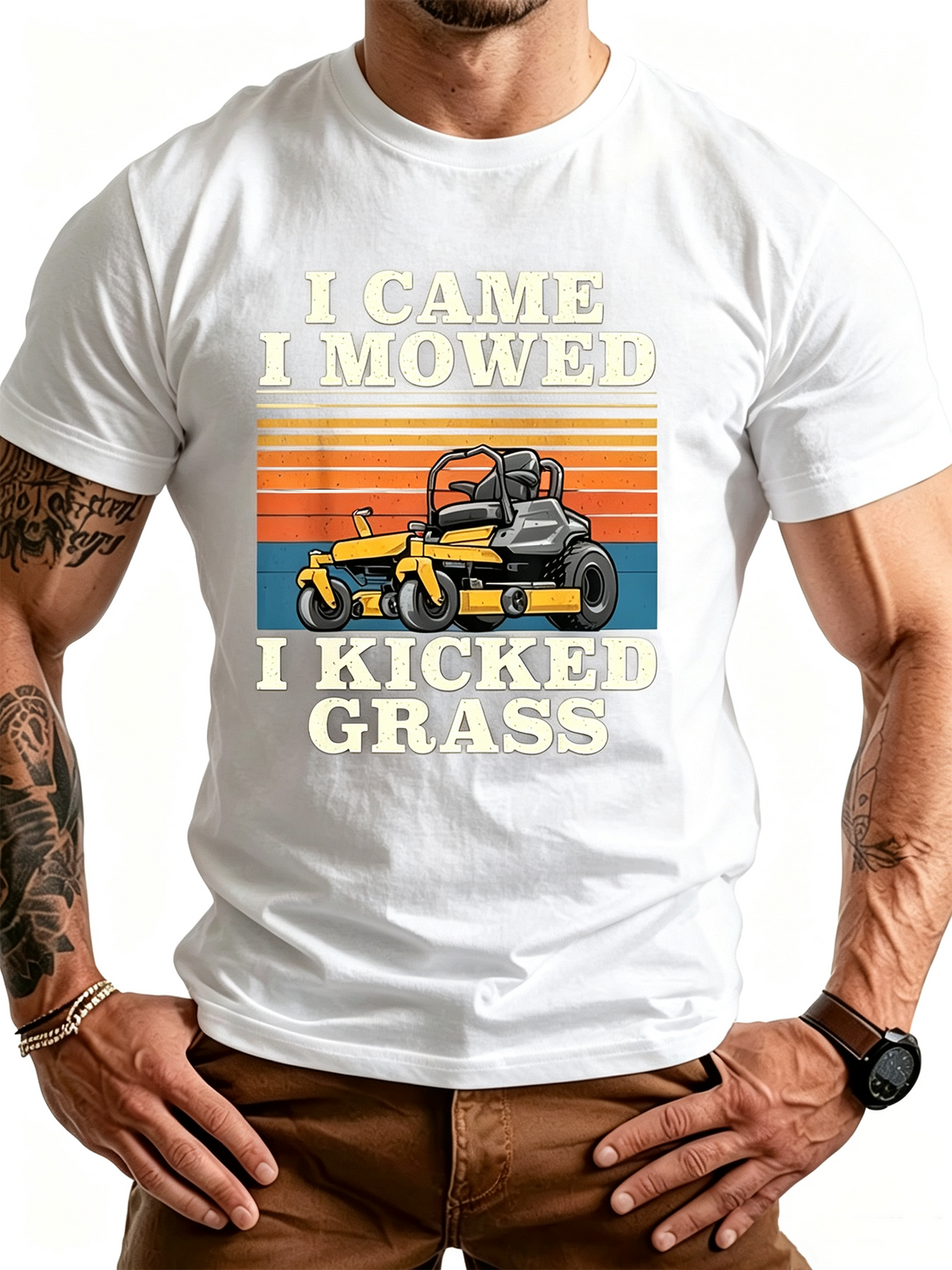 Funny Lawn Mower Graphic T‑Shirt, Retro Vintage Short Sleeve Crewneck Tee for Men, Lawn Care Gift