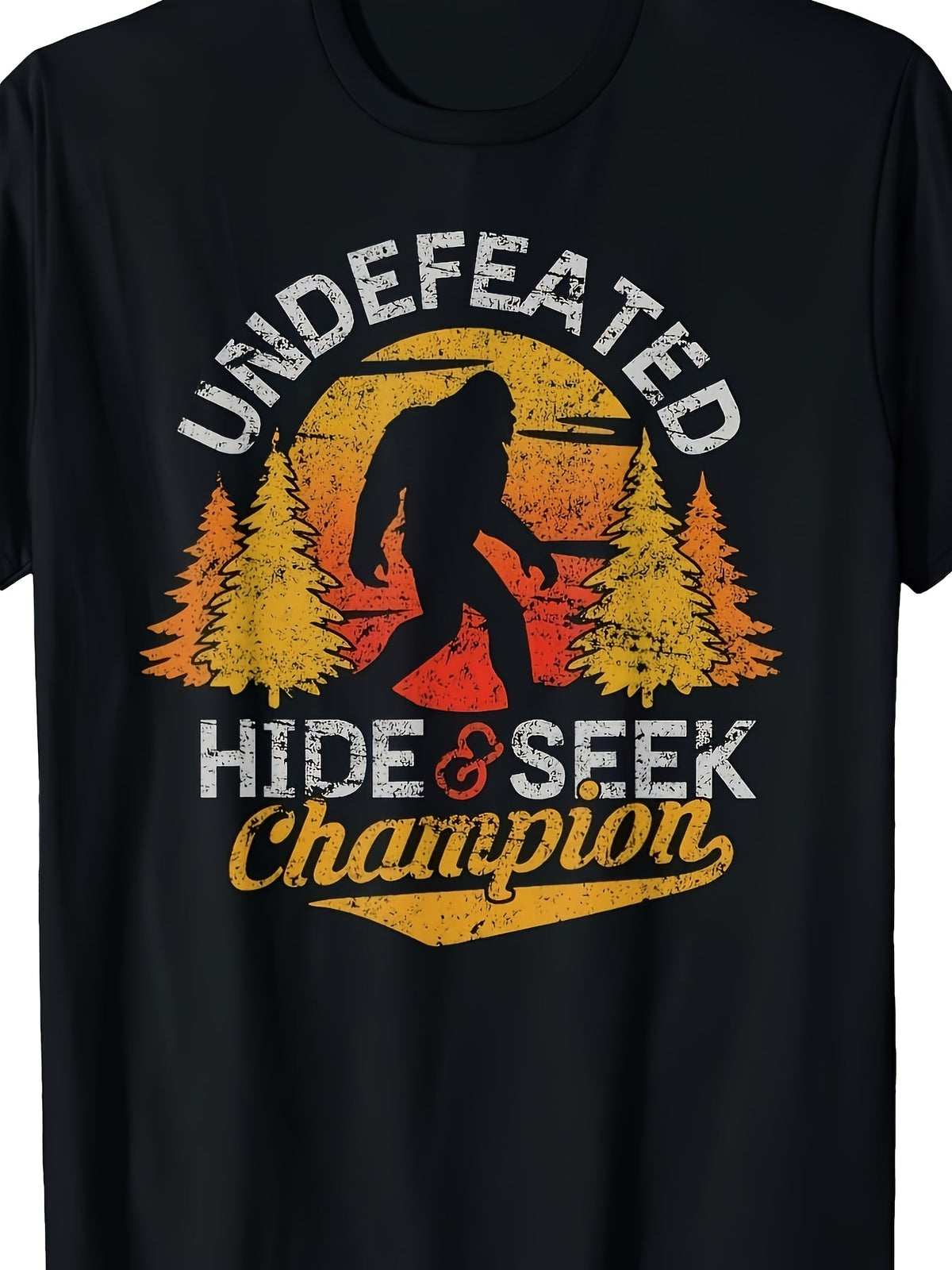 Vintage Bigfoot Hide and Seek Champion Graphic T‑Shirt, Retro Distressed Short Sleeve Crewneck Tee for Men