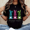 Women Casual Round Neck T-Shirt White Three Color Glitter Bunny Happy Easter Print