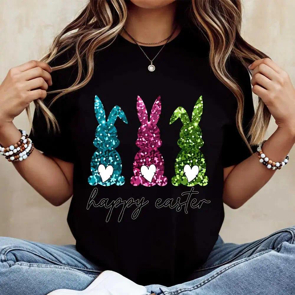 Women Casual Round Neck T-Shirt White Three Color Glitter Bunny Happy Easter Print