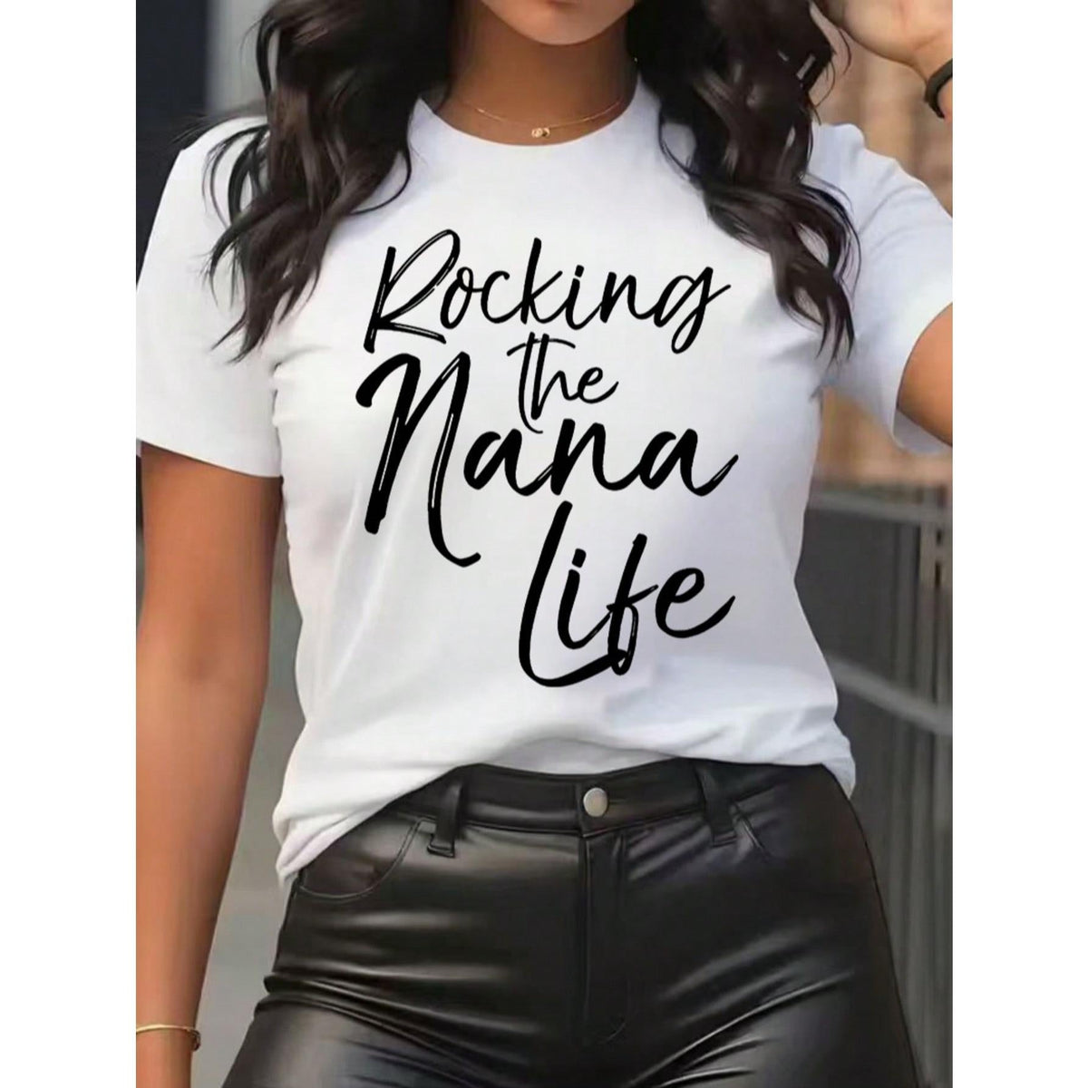 [Mother's Day Gift, Rocking The Nana Life] Soft & Comfortable Women's T-Shirt - Rocking The Nana Life   Casual Short Sleeve Round Neck Top, Black With White Letter Print, Perfect Mother's Day Gift For Grandma, Spring Casual Wear