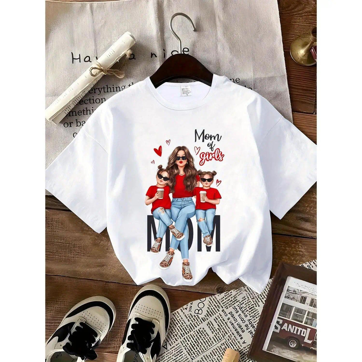 Cotton Short Sleeve T-Shirt Mom of Girls Cartoon Printed T-Shirt, Y2K Style, Short Sleeve, Crew Neck