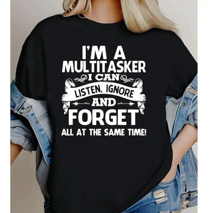 Black Men’s Tee with Bold White Retro 'I'M A MULTITASKER' Design, Comfy Fabric Womenswear, Unisex Fashion, Soft Fabric, ShortSleeve, Regular Fit
