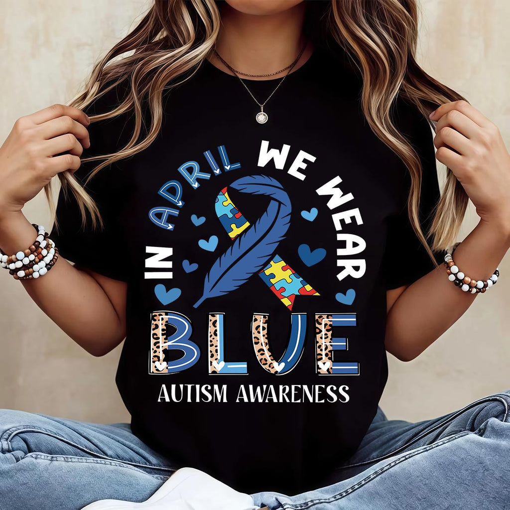 In April We Wear Blue Autism Awareness T-Shirt | Puzzle Piece & Ribbon Print | Women's Casual Tee