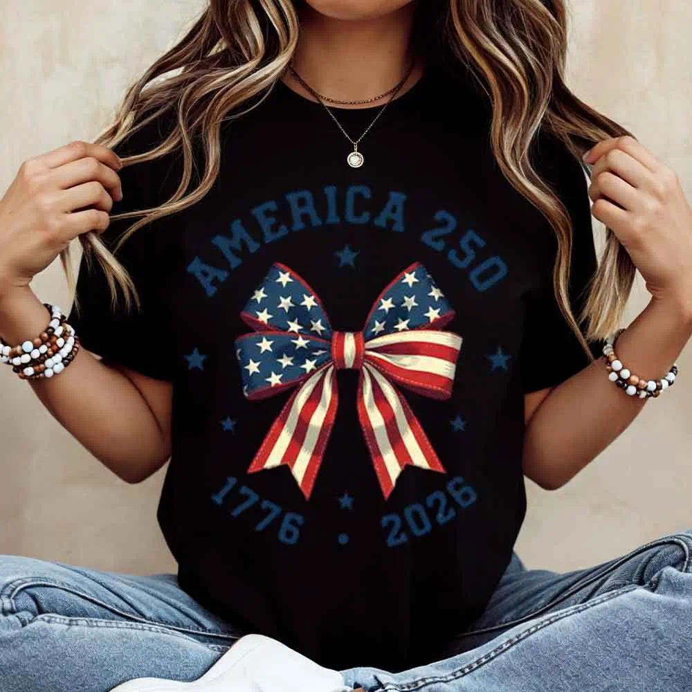 America 250 Stars And Stripes Bow Print T Shirt White Crew Neck Casual Top For Independence Day Celebration