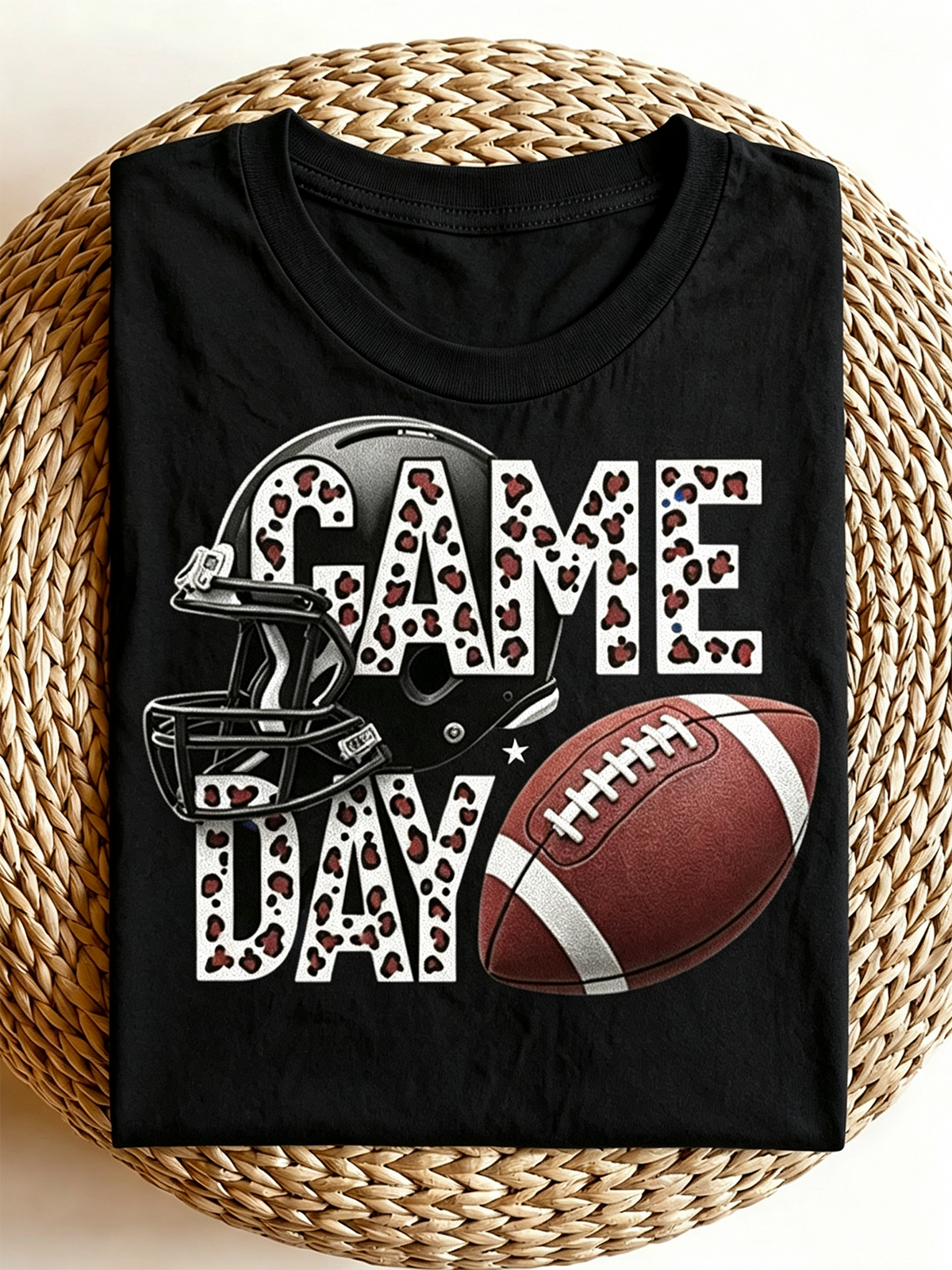 Leopard Print Game Day Football Graphic T‑Shirt, Casual Short Sleeve Crewneck Tee for Sports Fans