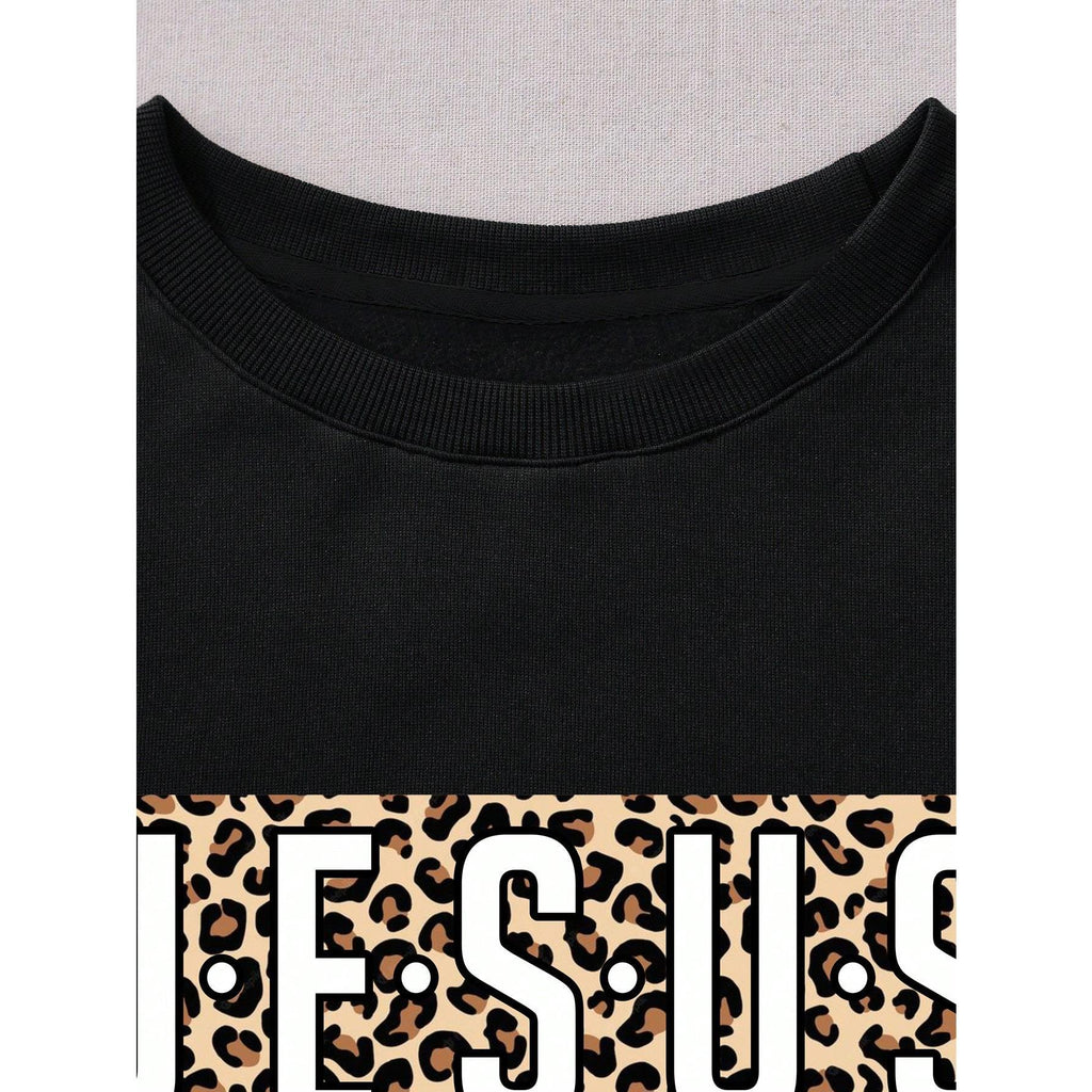 Leopard & Slogan Graphic Thermal Lined Sweatshirt, For Winter Pullover Fall Outfit Autumn
