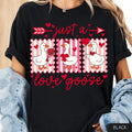 Retro Valentine Duck Lover XOXO Hearts Just A Love Goose Shirt, Preppy Bow Cute Silly Goose Happy Valentines Day Girly Heart Graphic Tee