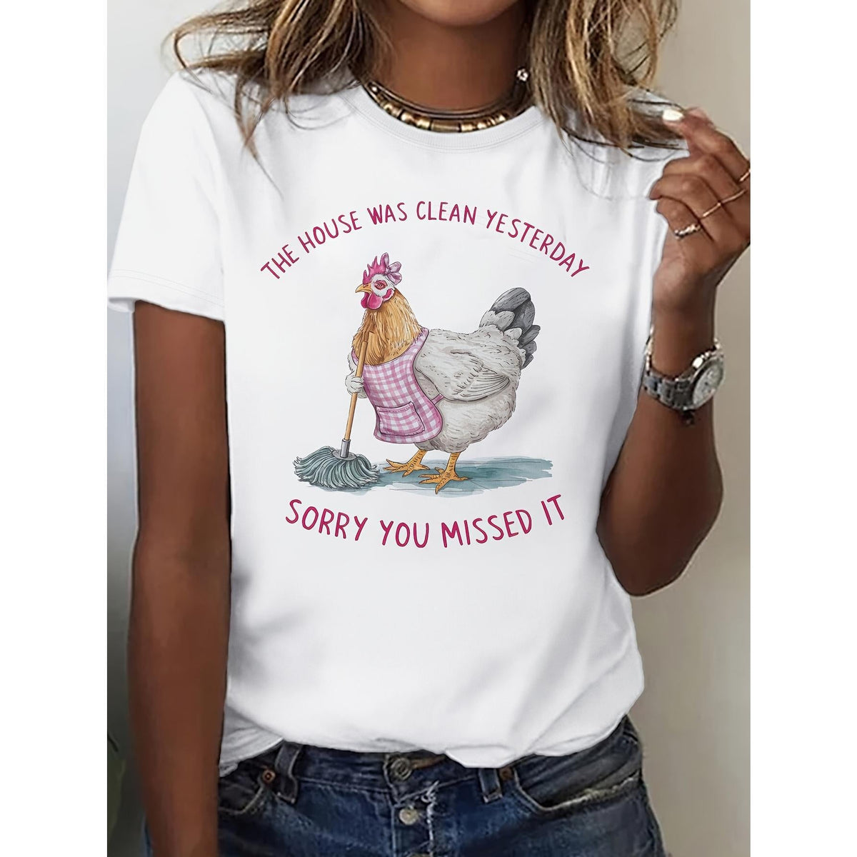 Women' Funny "The House Was Clean Yesterday" T-Shirt - Short Sleeve Humorous Top with Suitable for - Casual Wear, Machine Washable Blouse-Compatible Gift for Relatives & Friends (Comfortable Everyday Outfits)