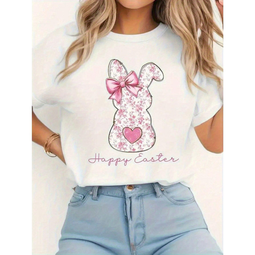 Women'S Easter Bunny Floral Print T-Shirt - Cute White Round Neck Top With Pink Accents, Happy Easter Lettering & Bunny Ears Design, Soft Breathable Fabric For Spring Summer Casual Wear, Easter Party Outfit