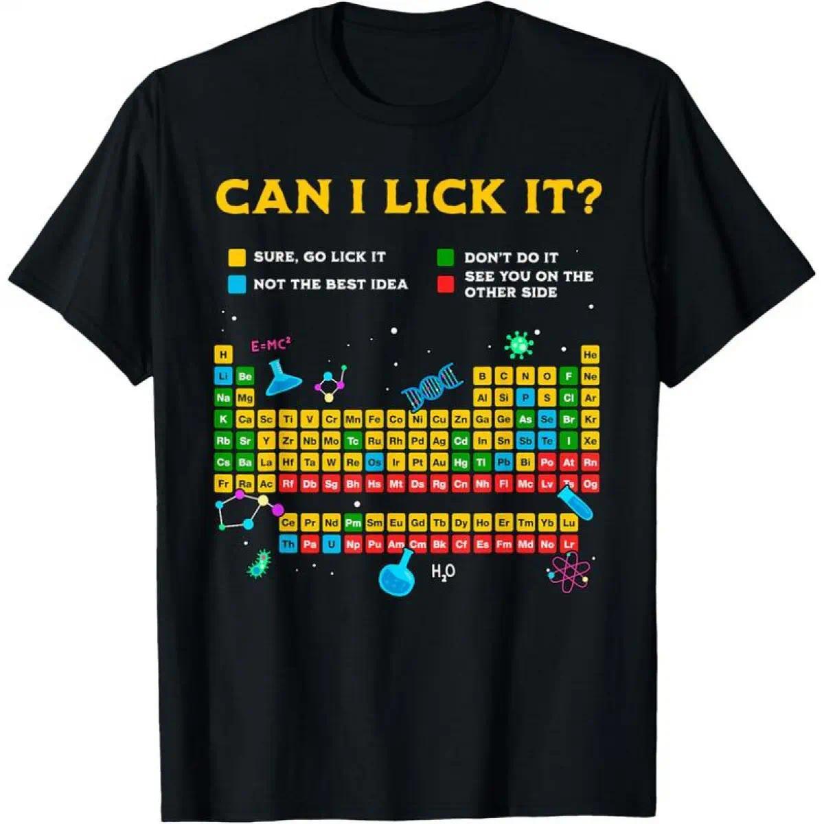 Women's Fitted Casual Streetwear Graphic Top - Funny "Can I Lick It" Periodic Table Design for Science Teachers, Tops