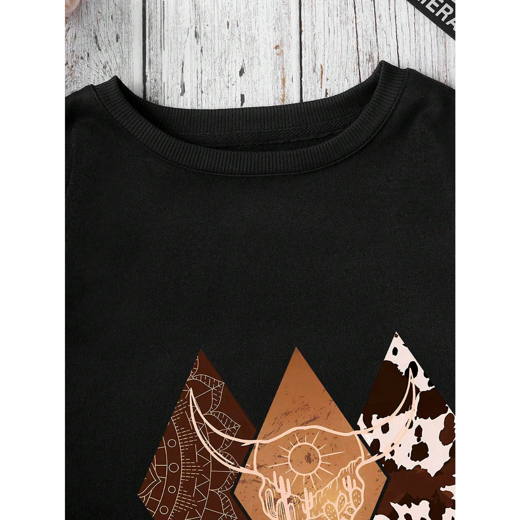 Women's Cow Head Printed Round Neck Sweatshirt Pullover Fall Outfit