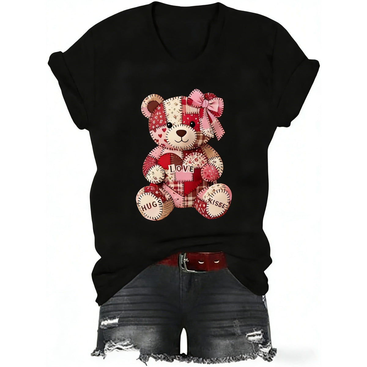 Cute Teddy Bear Shirt, Valentines Day Teddy Bear T-Shirt, Patchwork Love Crew-Neck Tshirt