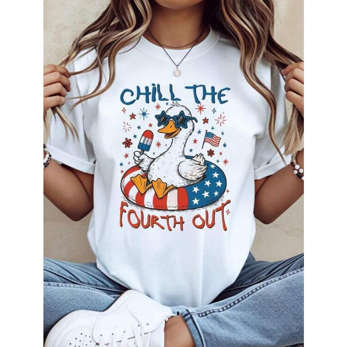 Chill The Fourth Out Duck Patriotic Usa Independence Day T Shirt Women Casual Summer Graphic Tee 4th Of July Celebration Apparel