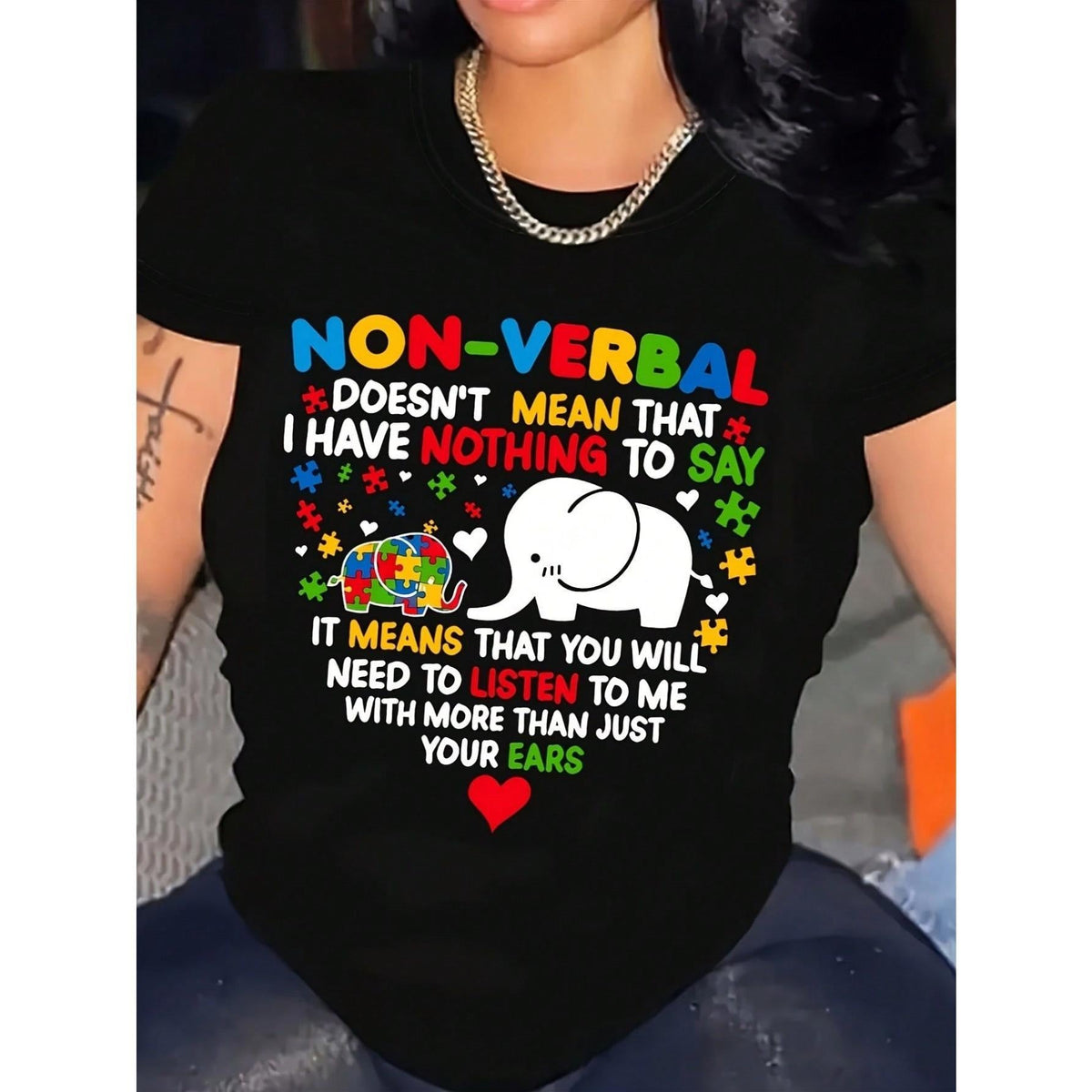 “Non Verbal Autism” Awareness Tee | Original Abstract Design | Soft Cotton Crew Neck | Women‘s Casual Top