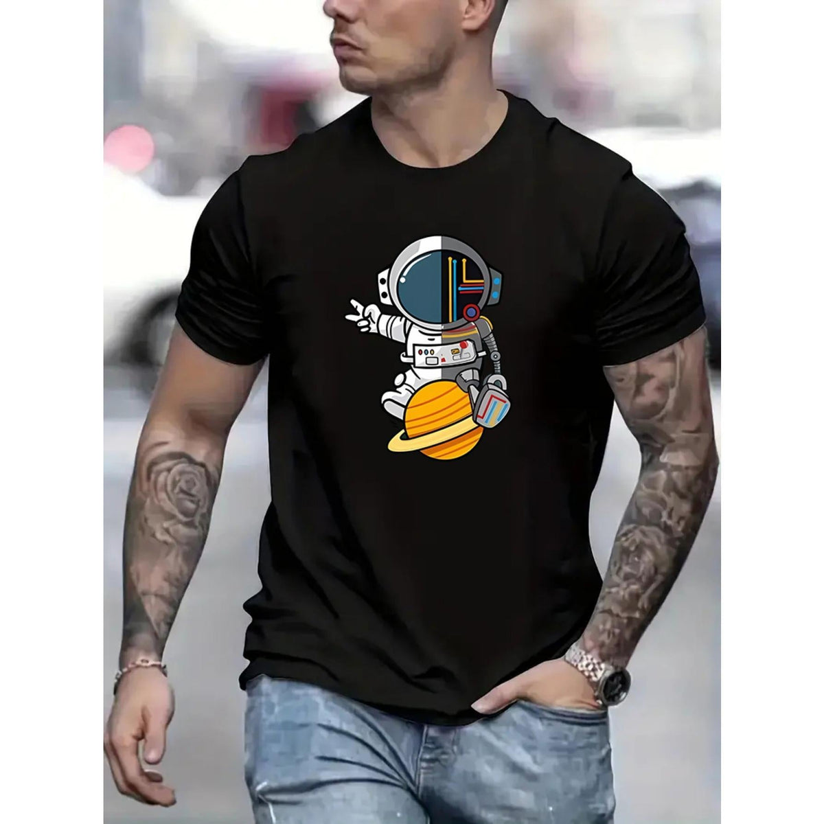Men'S Casual Stylish Round-Neck Print Short-Sleeve T-Shirt Featuring a Cartoon Astronaut
