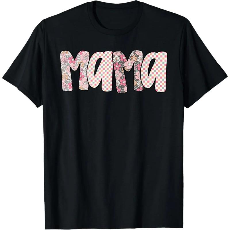 Women's Cotton Short-Sleeve Round Neck Casual Print Top, Vintage Flower Graphic Tee for Mother's Day, Black Mom Apparel