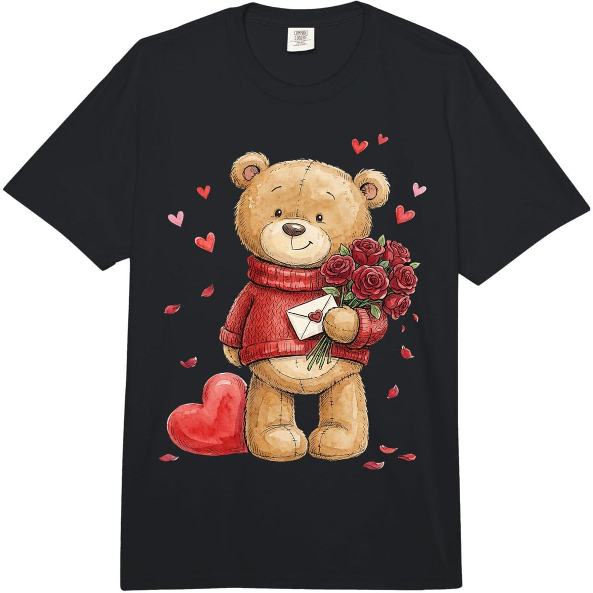 Cute Teddy Bear Roses Women Valentines Day Shirt Girl Heart Comfort Colors Adult Heavyweight T-Shirt