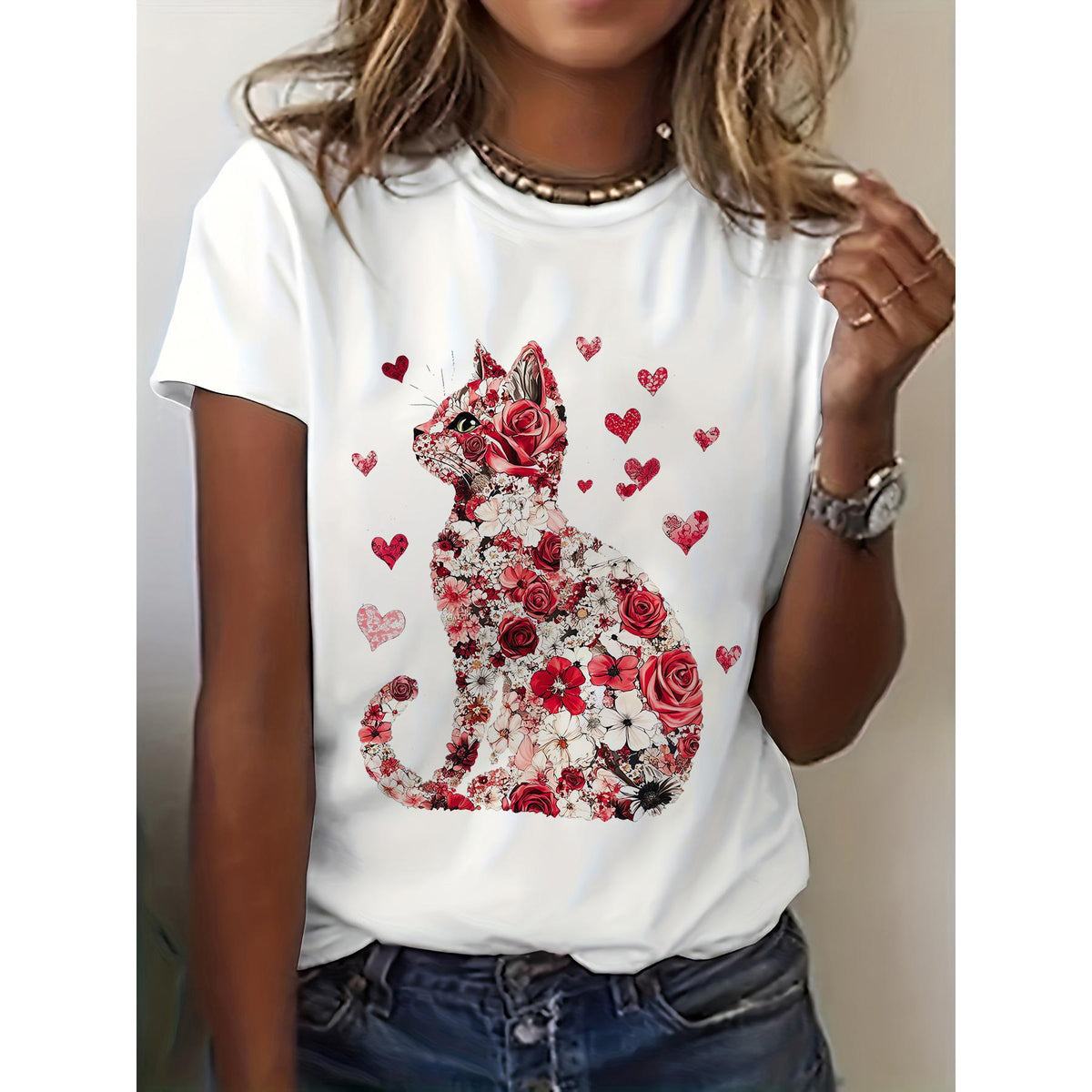Women'S Valentine'S Day Love Cat Graphic T-Shirt - Short Sleeve Crew Neck Casual Top with Red & White Floral Cat Design, Perfect for Spring & Summer, Spring Casual Wear | Playful Graphic Tee | Glossy Fabric Shir