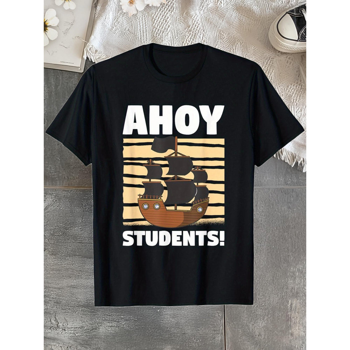 Men's Retro Ahoy Pirate Short-Sleeve Tops - 100% Cotton Round Neck Loose Fit Tshirt with Fun "Ahoy Students" Graphic, S-5XL, Ideal for Casual Attire, Shortsleeve