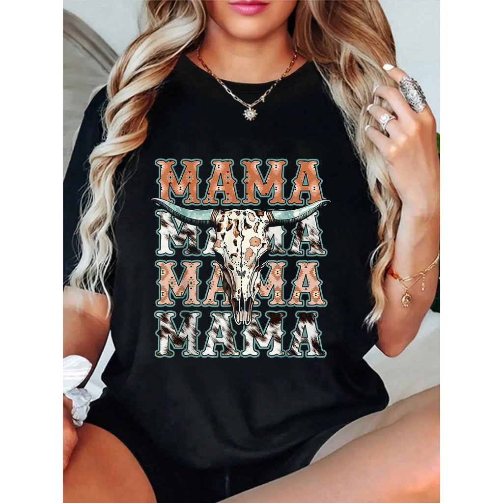 100% Cotton Mama Western Retro Groovy Cow Skull Country Rodeo Mother Day T-Shirt