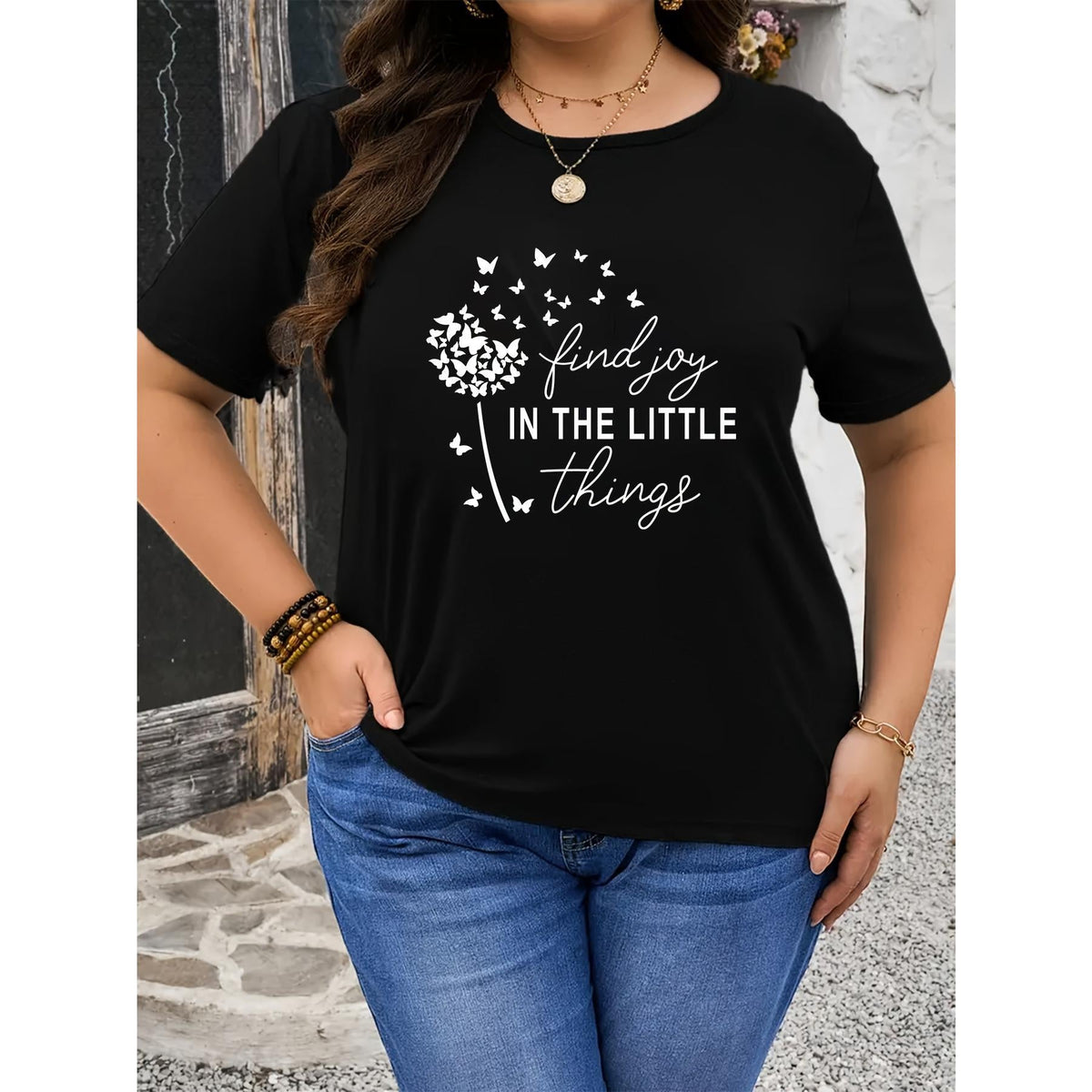 Plus Size Casual Short Sleeve T-Shirt - Black Floral Print with Butterfly Dandelion Design & "Find Joy in the Little Things" Quote - Stretchy Round Neck Top for Spring/Summer, Cute T Shirts, Spring Summer Apparel, Everyday Comfort, Relaxed Fit Shirt
