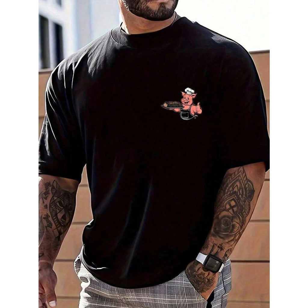 Men Clothes, Cartoon Funny Letter Print Round Neck Short Sleeve Casual T-Shirt, Cute, Humorous,   For Men