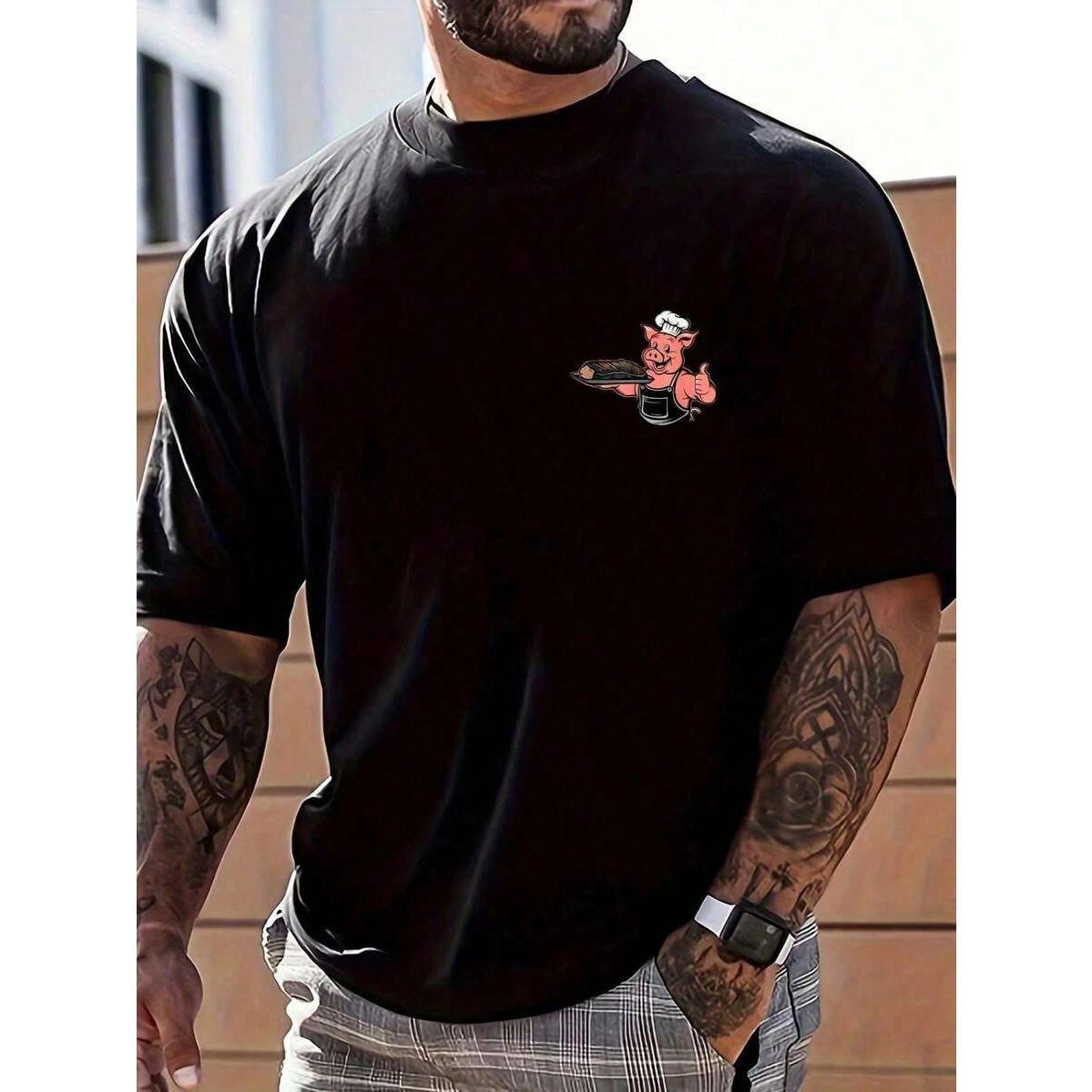 Men Clothes, Cartoon Funny Letter Print Round Neck Short Sleeve Casual T-Shirt, Cute, Humorous,   For Men