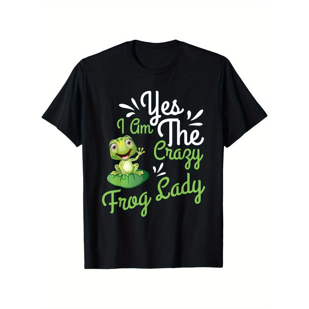 Men's "Yes, I'm a Crazy Frog Lady" Graphic T-Shirt - Soft, vintage style, short sleeves, black with green frog design, casual and comfortable fit, novelty tee, playful design