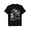 Men's "Yes, I'm a Crazy Frog Lady" Graphic T-Shirt - Soft, vintage style, short sleeves, black with green frog design, casual and comfortable fit, novelty tee, playful design