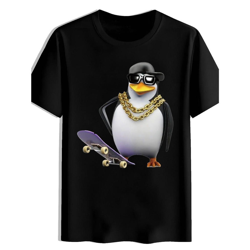 Men's Penguin Graphic T-Shirt - Stylish Black Tee featuring a Cool Penguin Character with Cap, Sunglasses, and Gold Chains, Perfect for Casual Wear and Street Style