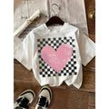 Women's Heart Print Round Neck Tee, Casual Short Sleeve Crew Neck T-shirt for Summer, Fashion Women's Top for Daily Wear