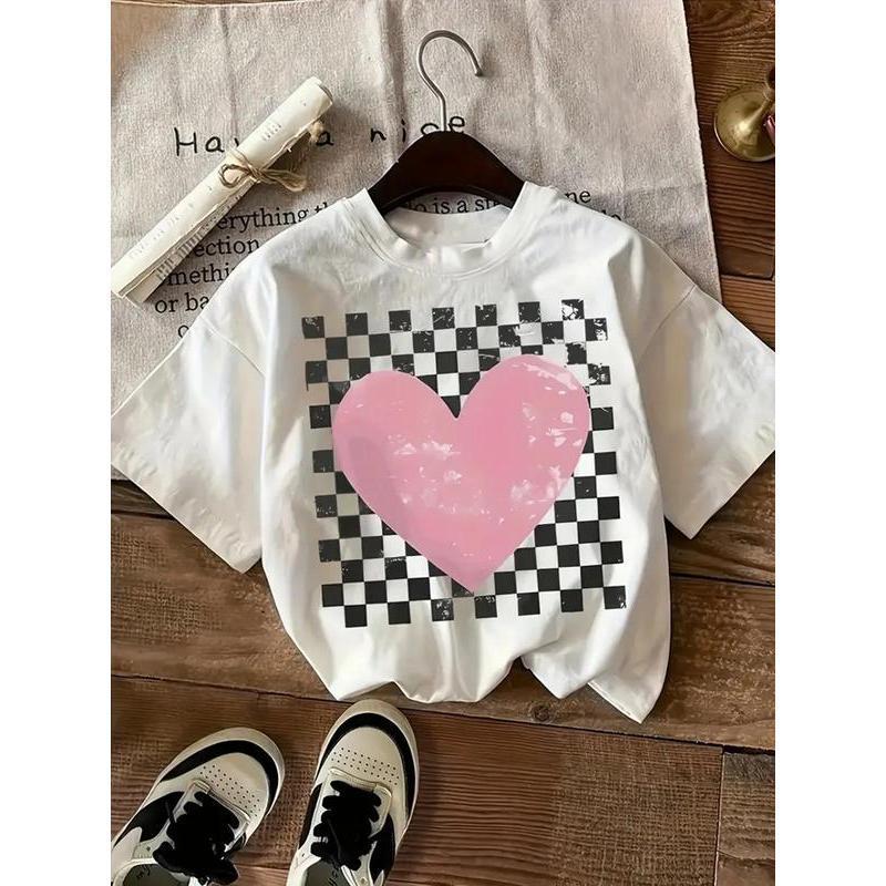 Women's Heart Print Round Neck Tee, Casual Short Sleeve Crew Neck T-shirt for Summer, Fashion Women's Top for Daily Wear